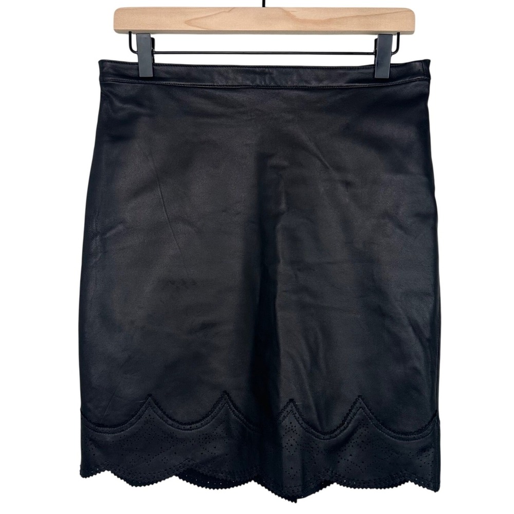 DKNY Black 100% Genuine Leather Mini Skirt Scalloped Perforated Hem Size 4